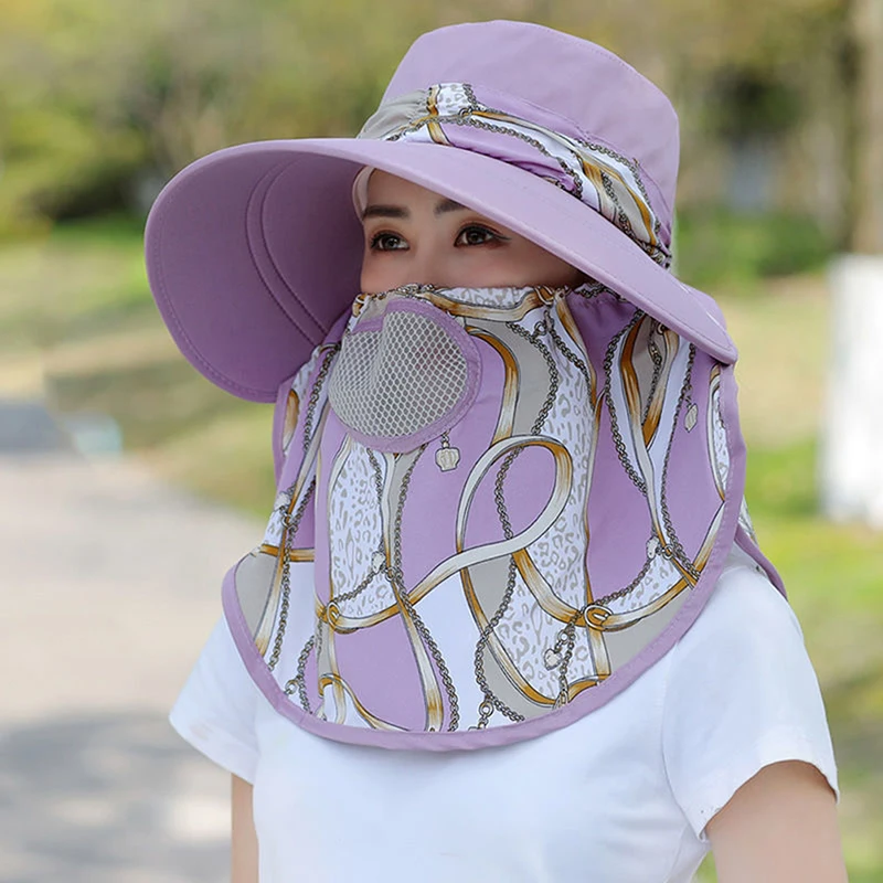 Outdoor Women Print Fisherman Hat Summer UV Protection Wide Brim Garden Work Shade Hat Breathable Face Mask Detachable Sunhat