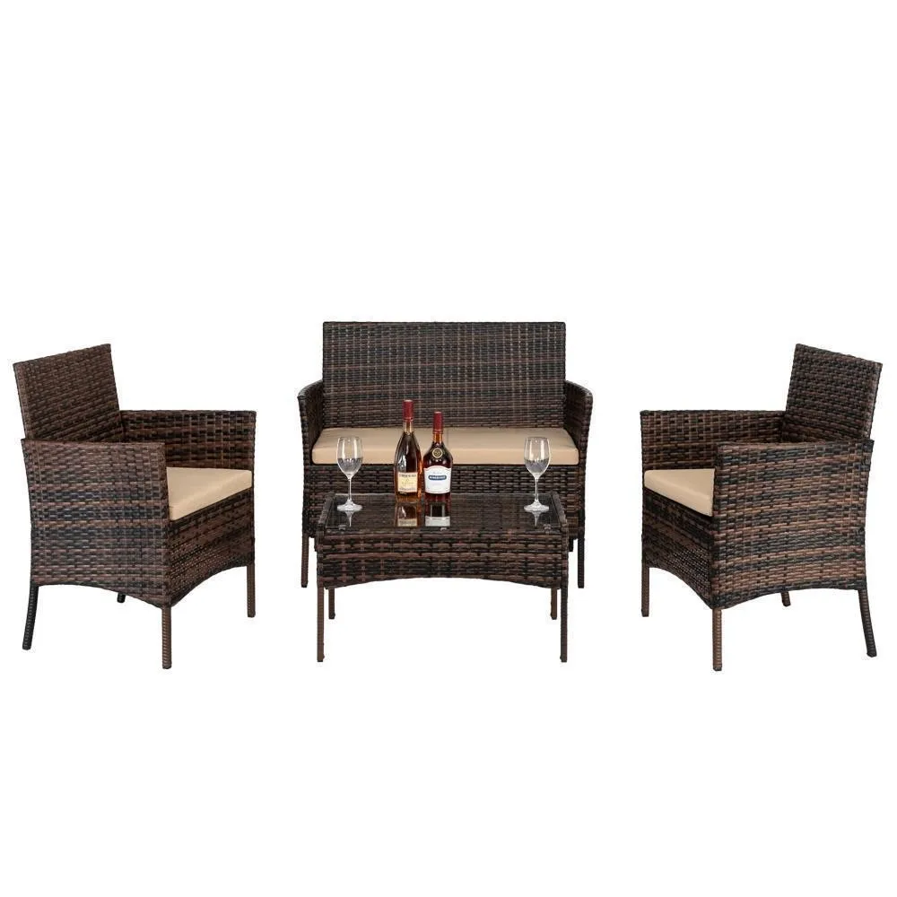 

4 PCS Patio Rattan Furniture Set Sofa Chair Coffee Table Brown Gradient Garden