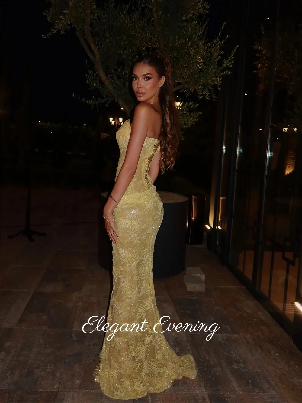 Personalizado amarelo sereia vestido de noite renda bordado lantejoulas sem mangas vestidos de noiva lado alta divisão formal vestidos de baile