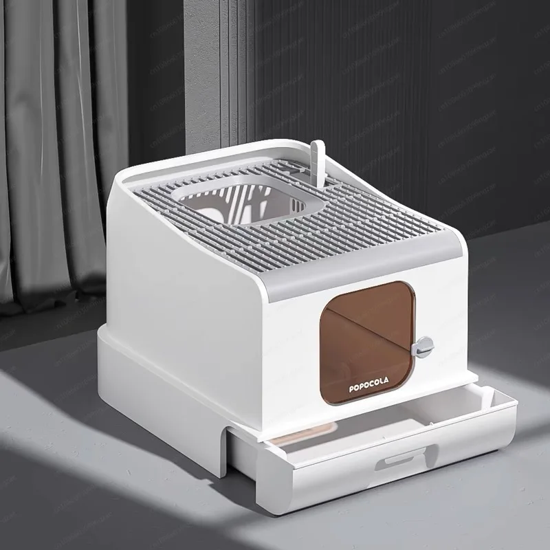 fully enclosed cat litter box oversized drawer is pushed into the cat toilet, front entry and exit