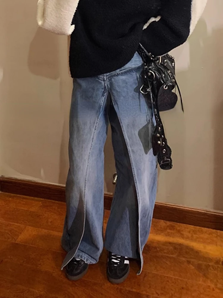 Jeans blu americani Oversize per le donne 2024 primavera nuovi pantaloni in Denim finto a due pezzi Y2k E-Girl a vita alta gamba larga allentata