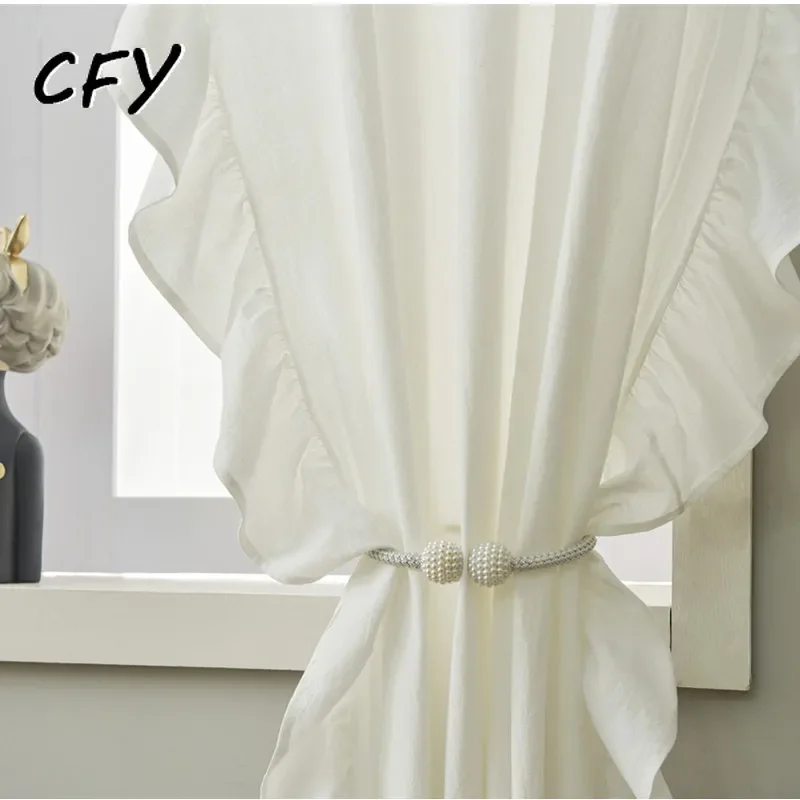 Cotton Retro Ruffle White Curtain for Living Room Rod Thick Linen Fabric Drapes for Bedroom Farmhouse Window Curtain with Hooks