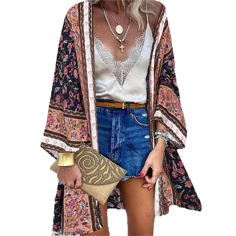 Women\'s Clothing2024Trendy New Casual Fashion Vacation Batwing Long Sleeve Cardigan Printed Top