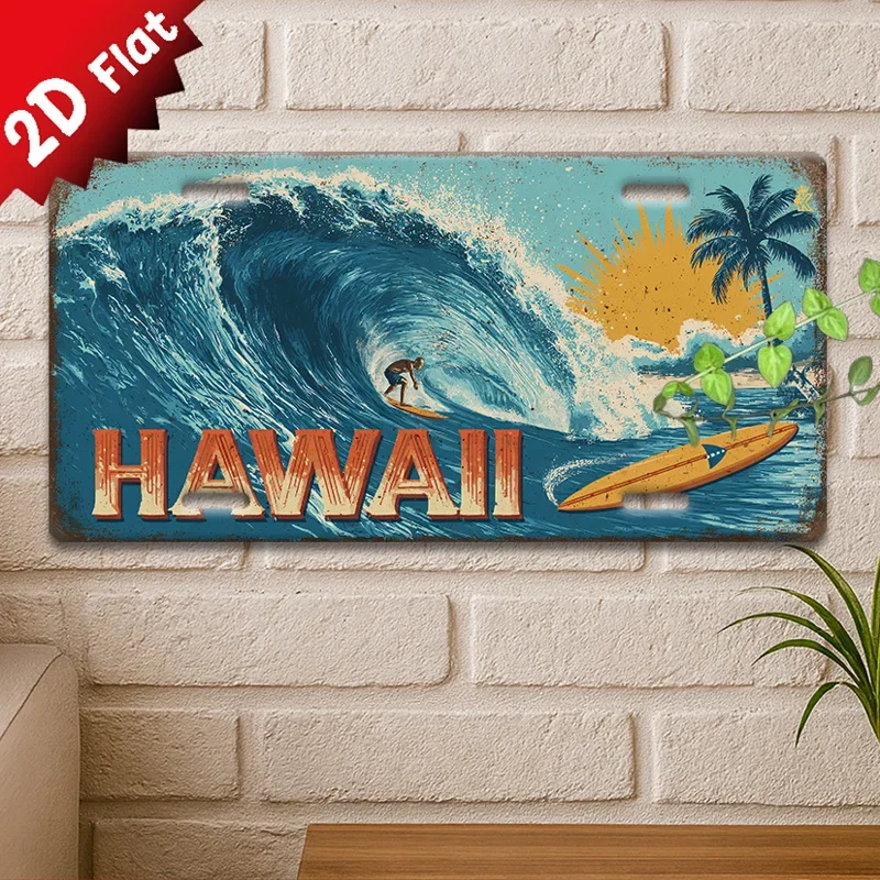2D Flat Single Piece, Vintage Metal  Sign, Decorative Plaque And Signboard , Retro Sign Featuring Surfing Waves And Hawaiian