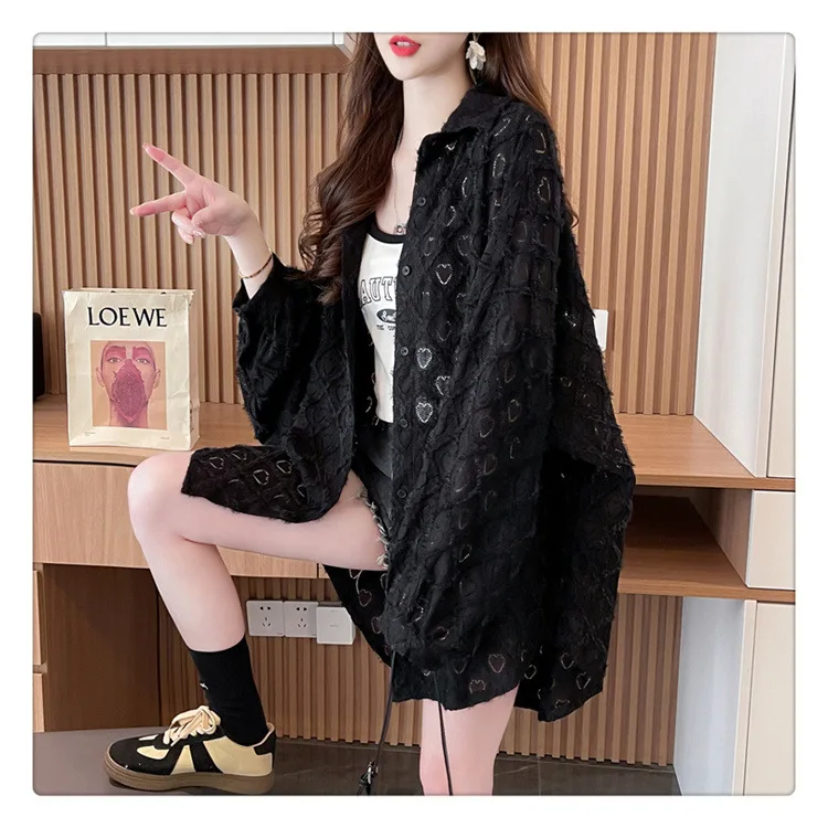 

Lace Spliced Shirts Women Loose Cardigan Solid T Shirt Long Sleeve Casual Blouses Turn Down Neck Open Stitch Lady Summer