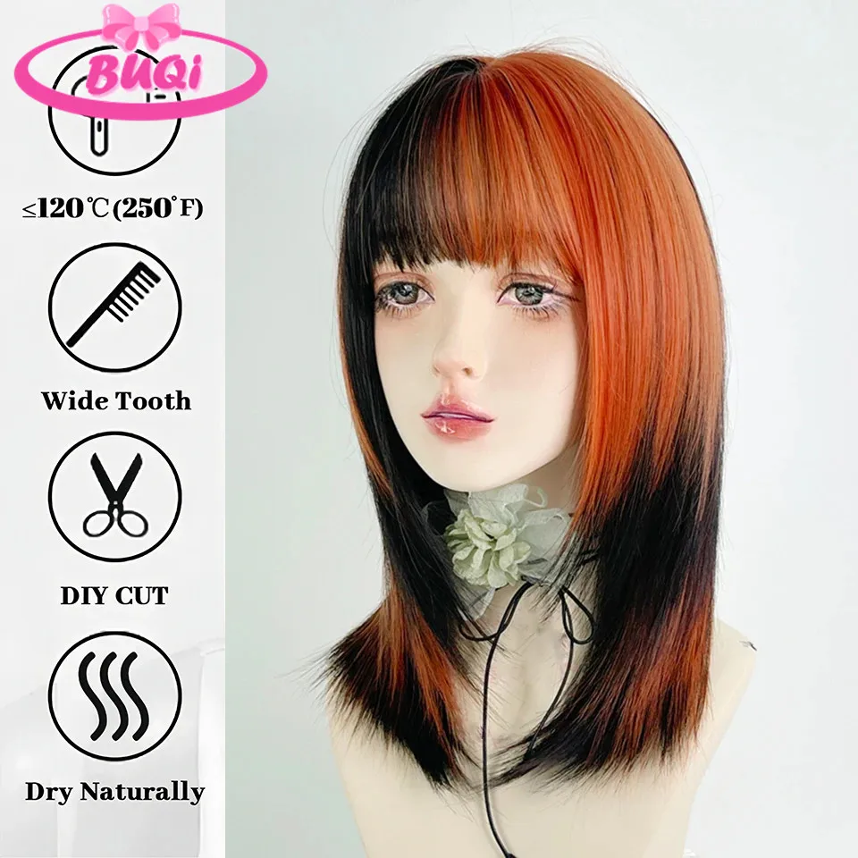 BUQI Curly Synthetic Wigs for Women Long Natural Straight Black Orange Wigs with Flat Bangs Colorful Party Heat Resistant Wig