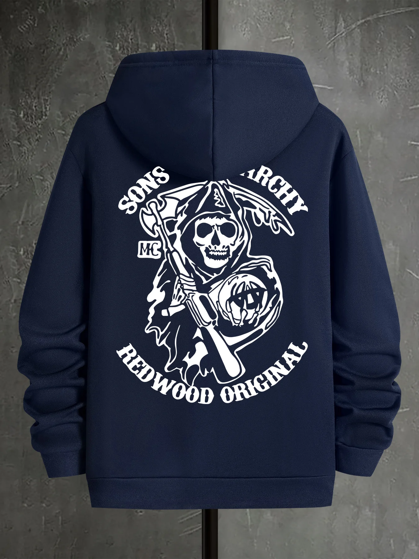 Sweater hoodie pria musim gugur dan musim dingin, model kasual longgar dengan desain tengkorak geometris di bagian belakang, lengan panjang, hangat.