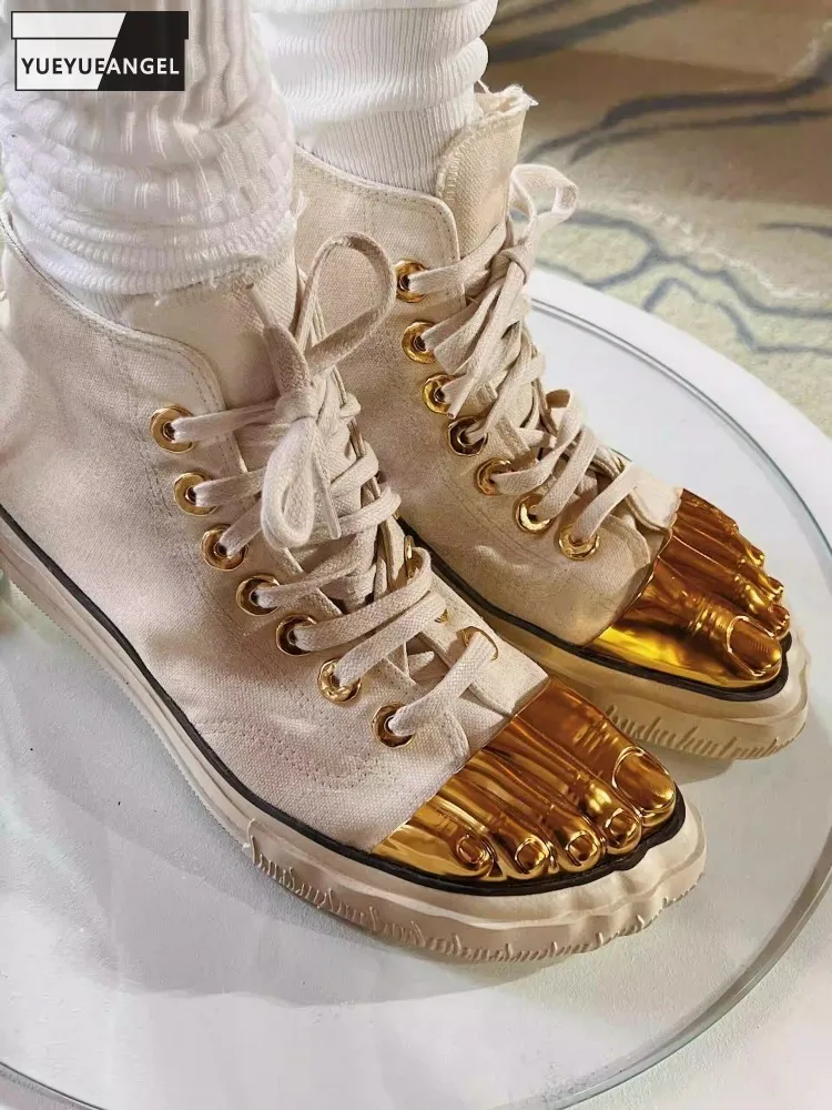 

Gothic Designer Women Golden Toe Canvas Shoes Lace Up High Top Casual Flats Shoes New Fashion Female Spliced High Street Shoes