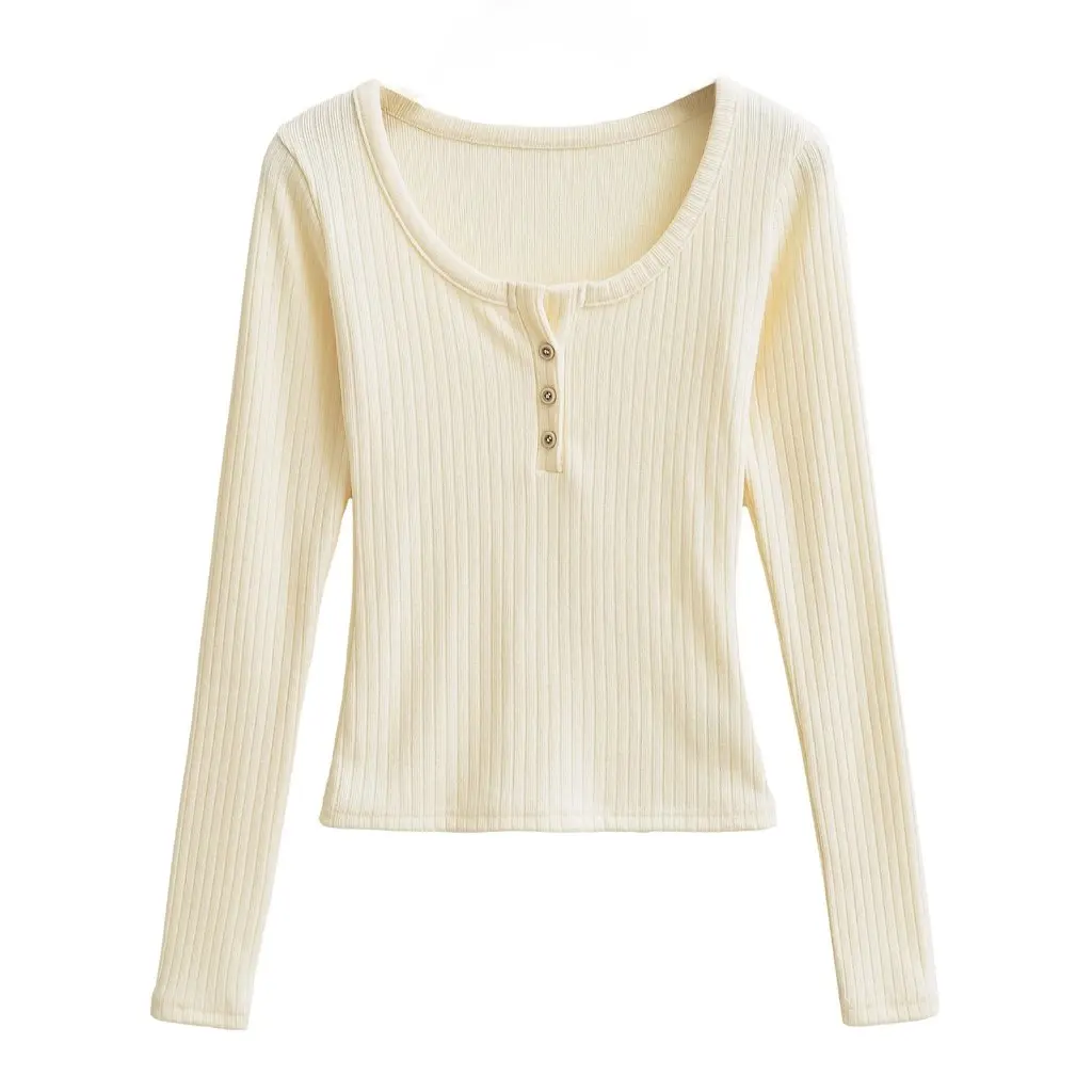 

Women's Slim-fit Knitted T-shirt Autumn Winter round Neck Three-button Long-sleeve Base Shirt Elastic Inner Top