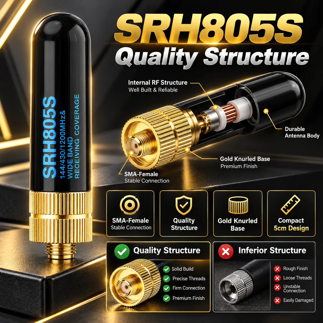 SRH805S SMA-Female Dual-Band VHF/UHF High Gain Mini Antenna for Baofeng UV-5R BF-888S UV-K5 Walkie Talkie Ham Radio