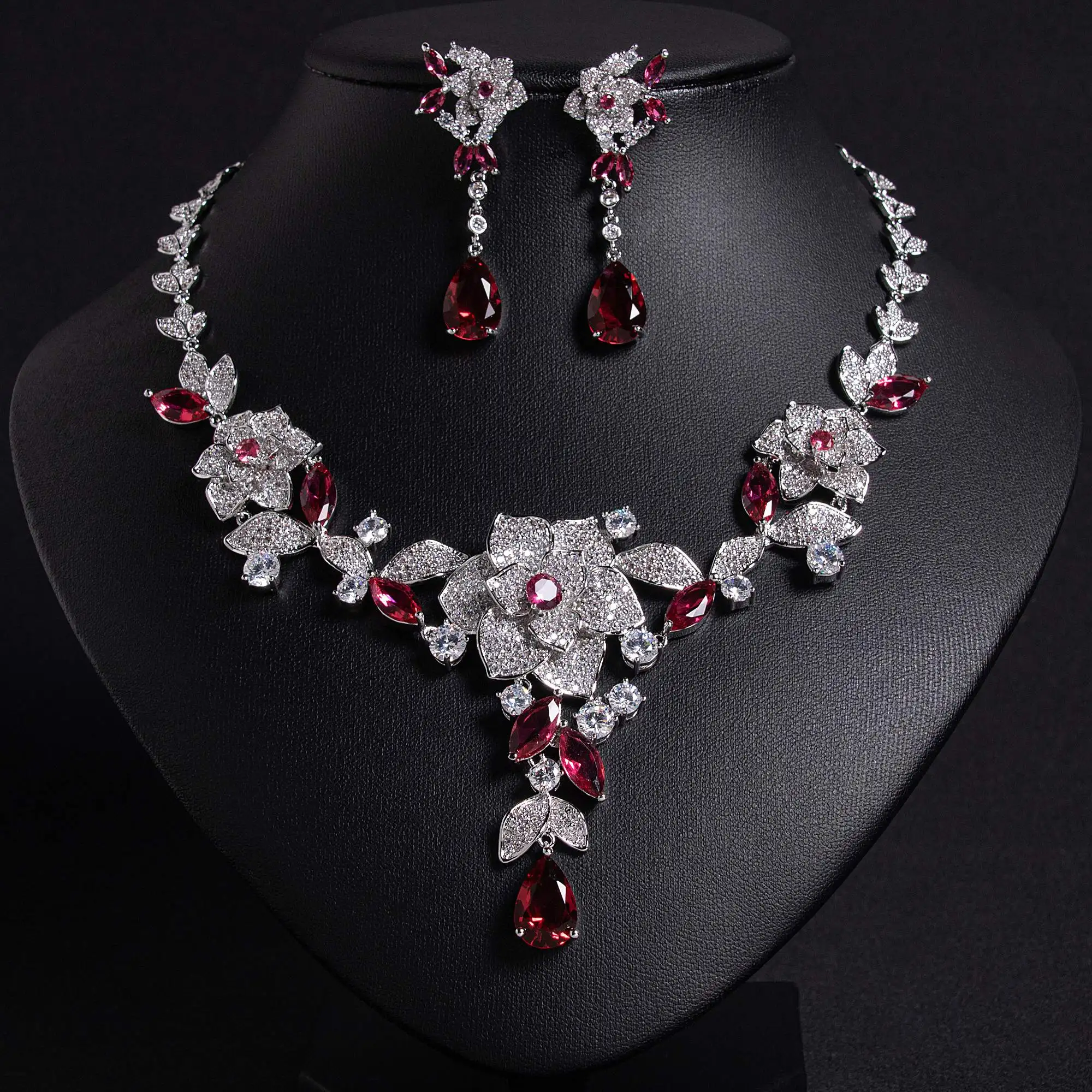 HIBRIDE New retro summer fashion luxury zircon jewellery flowers beautiful women necklace earrings set dinner wedding gift S-660