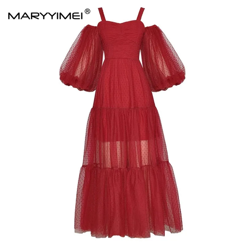 MARYYIMEI Fashion Runway Summer Dress Women Red Polka dot Mesh Sexy Spaghetti Strap Club Party Dress Vestidos