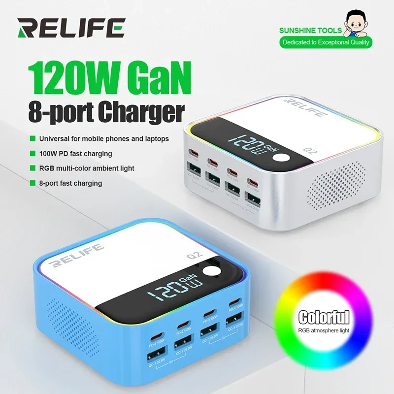 RELIFE Q2 120W GaN Charger 8-port Fast Charging ,100W PD Fast Charging, Intelligent Charging Protection for IP and Android