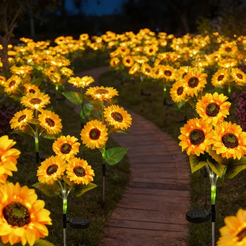 3 Heads Sunflower Solar Lights Outdoor with Sunflower Yellow Flower Lawn Lamp for Home Yard Villa Garden Pathway Decoration