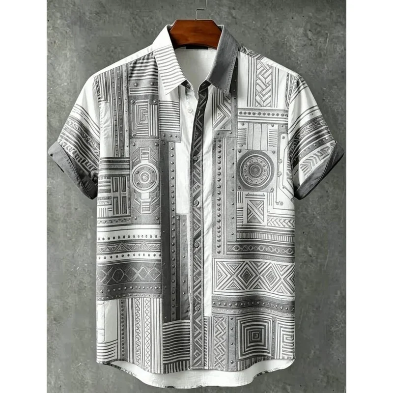 Men's Ethnic Patchwork Printed Short Sleeved shirt, Bohemian style, Suitable For Art And Daily Occasions