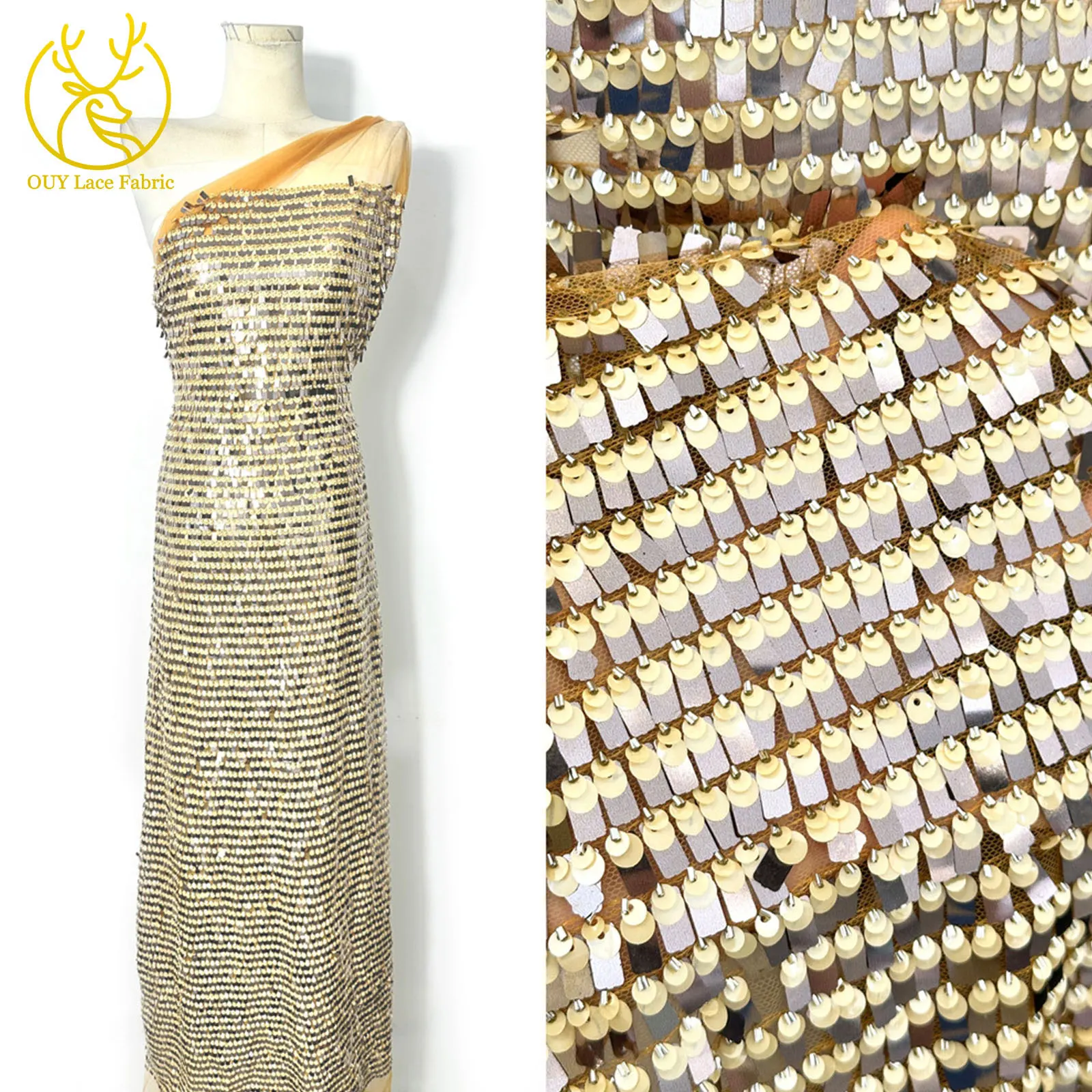 

Gold Sequins High Quality African Lace Fabric 2025 French Mesh Fabric Sewing Decoration Nigerian Tulle Lace Wedding Dresses 5Y
