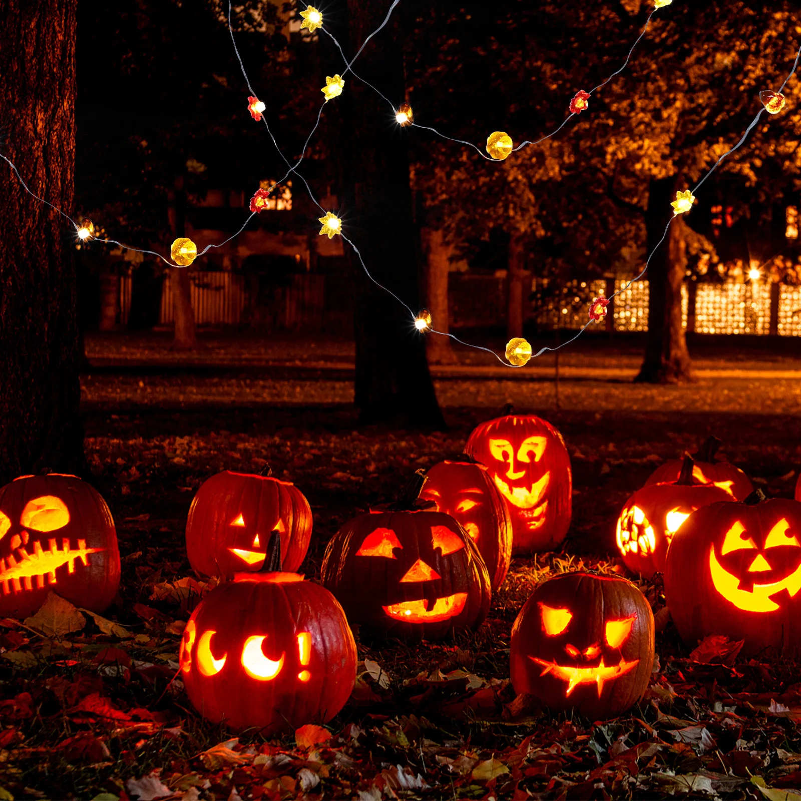 

JECOMPRIS 30 LED 3M Pumpkin String Lights for Thanksgiving Halloween Decor Maple Leaf Window Porch Indoor Outdoor Party