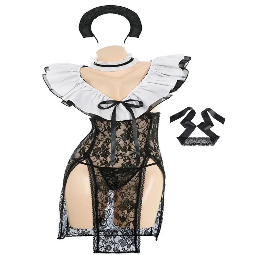 

LISM Sexy Lace Sheer Maid Role Play Lingerie Set High Slit V Neck Ruffled Trim Slip Dress for Couple Romantic Intimate Night