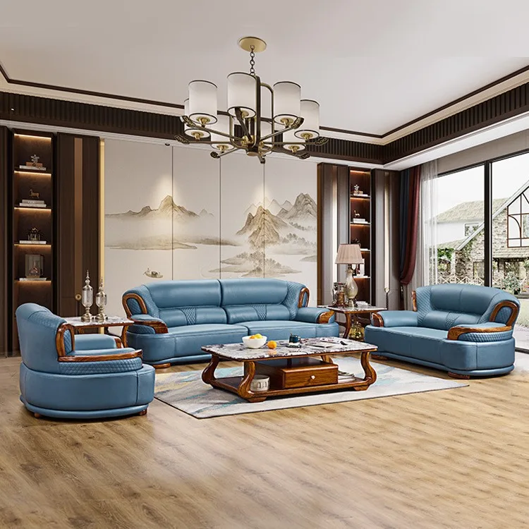 New Chinese black gold wood leather sofa modern simple living room large apartment first layer yellow cowhide