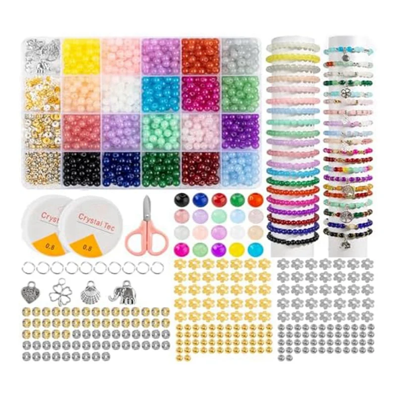 Glass Bead Bracelet Making Kit, Craft DIY Kit With Elastic Cord, Ring, For Girls Aged 6-12