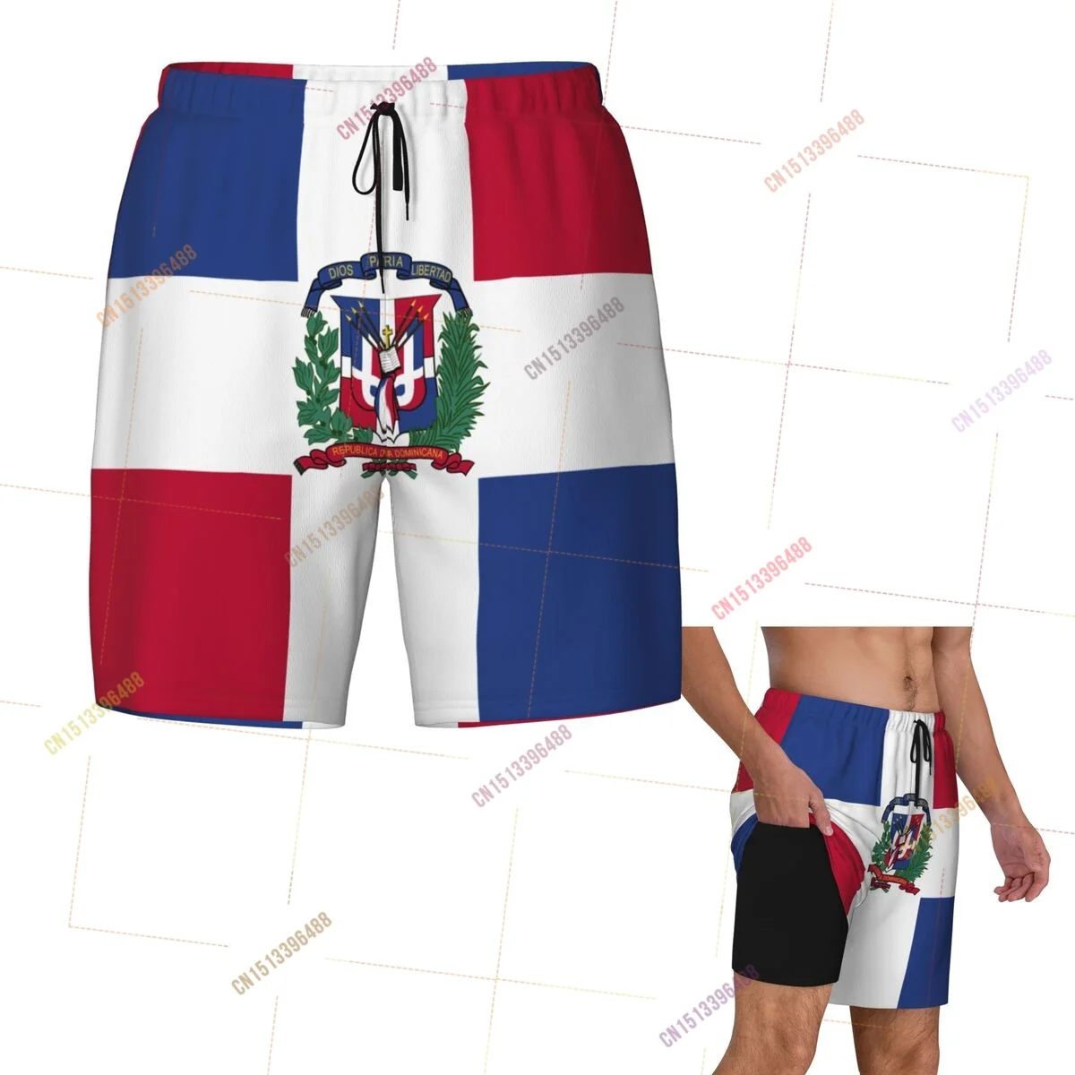 2026 Dominican Republic Flag Top Print 3D Mens Swimming Trunks Hawaiian Bathing Beach 2 in 1 Quick-Dry Summer Swim Shorts