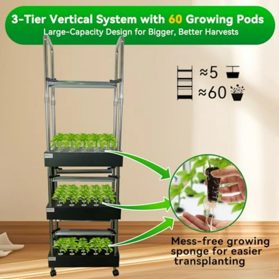 Indoor hydroponics growing system: vertical garden with smart full-spectrum lights, auto water circulation, white aluminum fram view 6