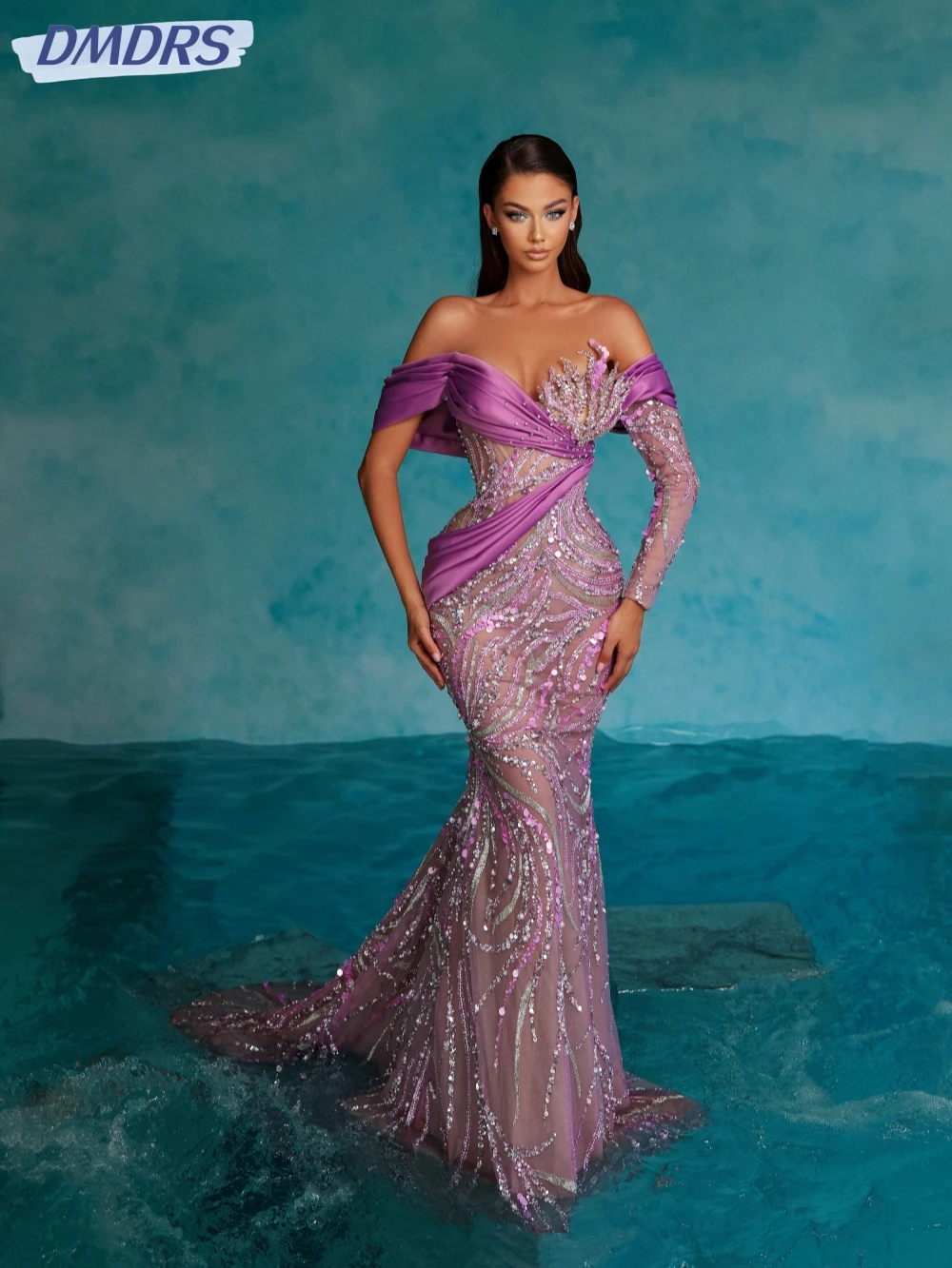 

Graceful Off The Shoulder Cocktail Dresses Sparkly Sequins Beads Evening Dress Purple Mermaid Long Prom Gown Robe De Mariée