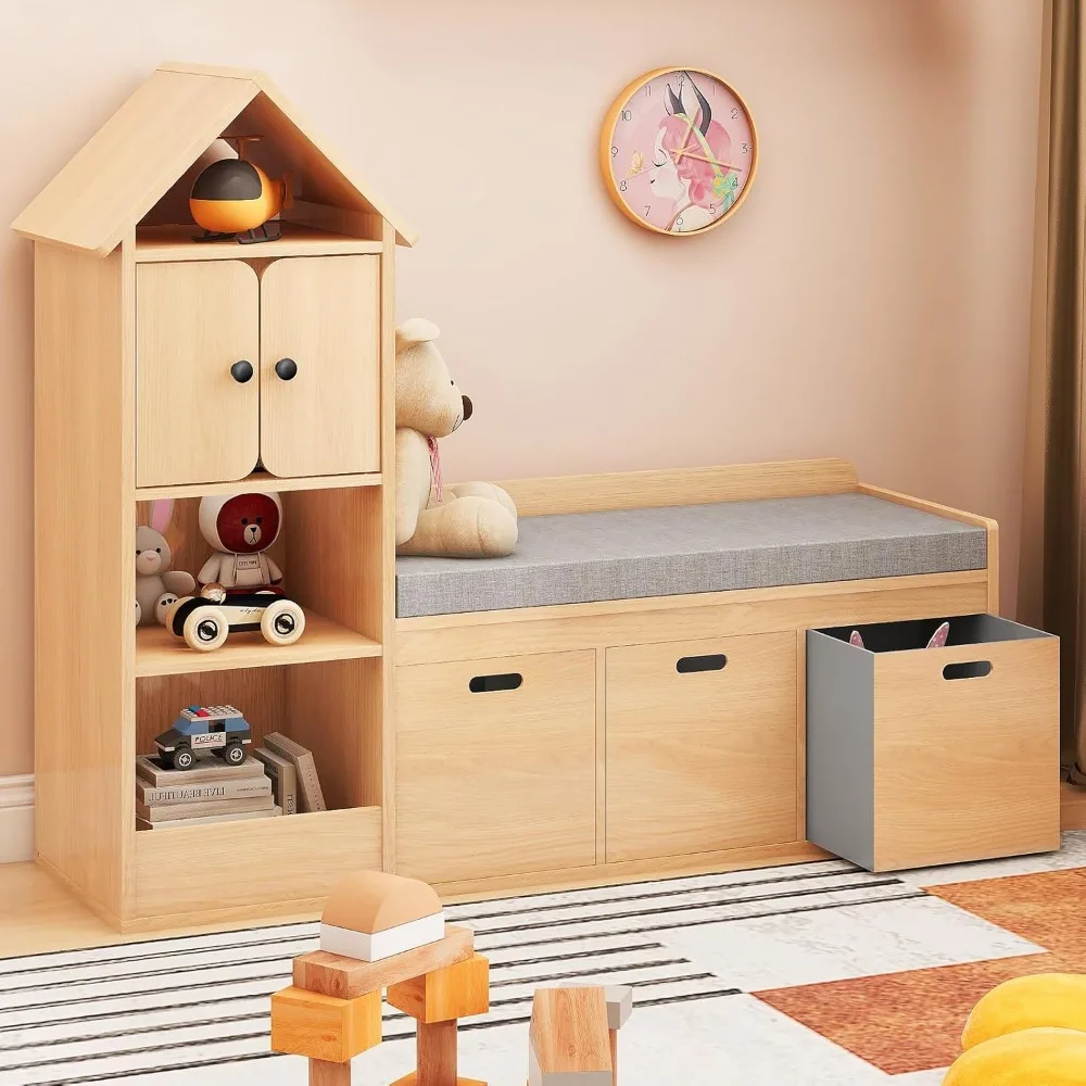 Bibliothèque et Étagère pour Enfants avec Coin de Lecture, Bibliothèque avec 3 Cubbies de Rangement Ouverts et 3 Aères de Proximité, Bibliothèque avec Coussin de Siège