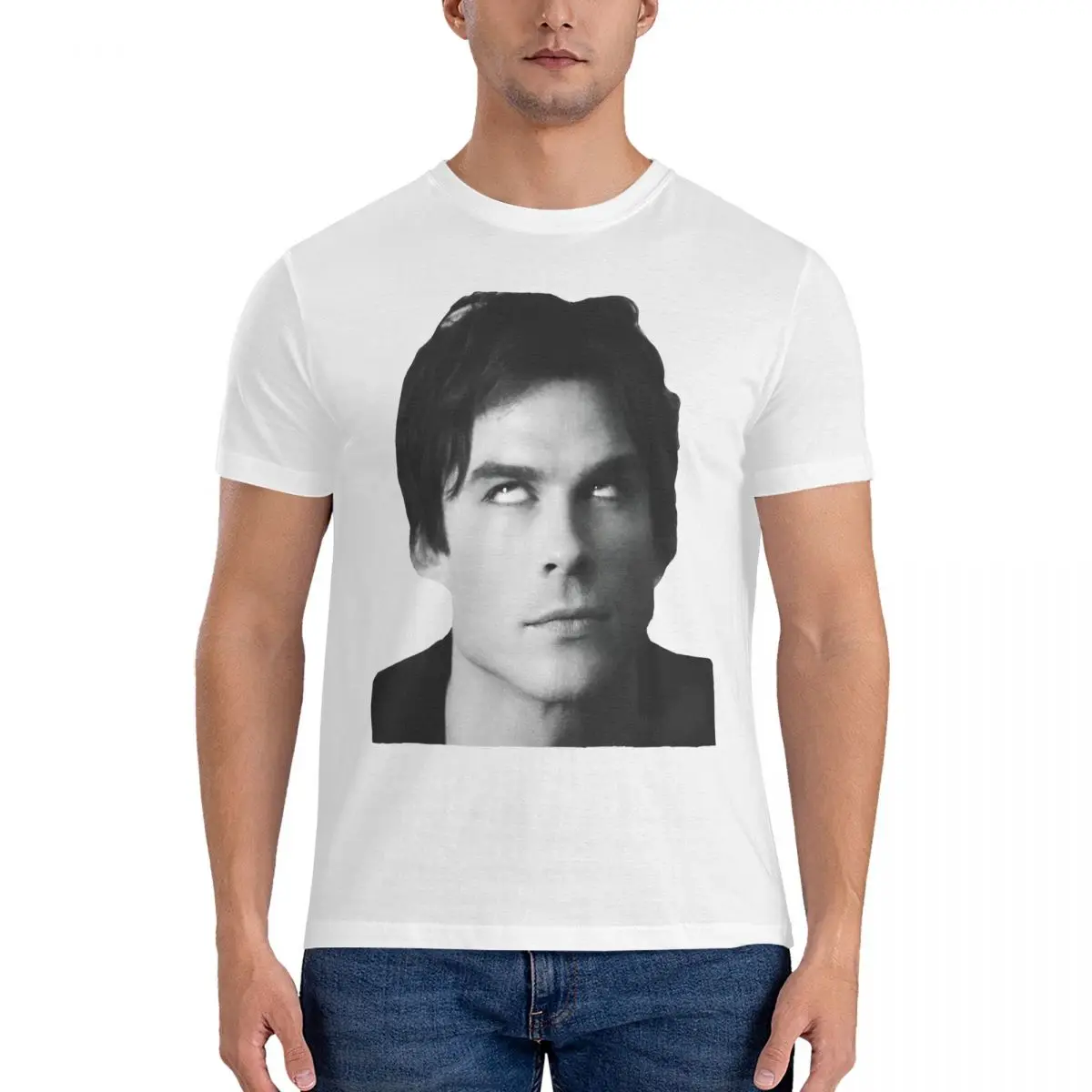 Damon Salvatore Eye Roll T-Shirt The Vampire Diaries Cool T-Shirts Short-Sleeve Tshirt Pure Cotton O-Neck Plus Size 5XL Top Tees