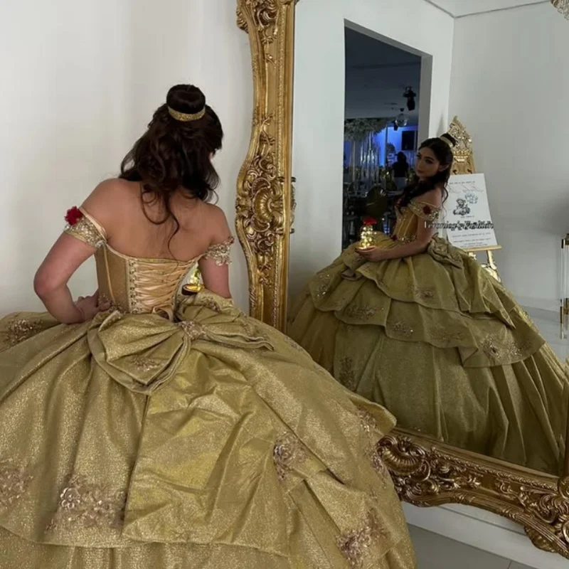 

Customized Shiny champagne Dresses Off the Shoulder applique layering Long tail Big Bow Vestido 15 Quinceanera