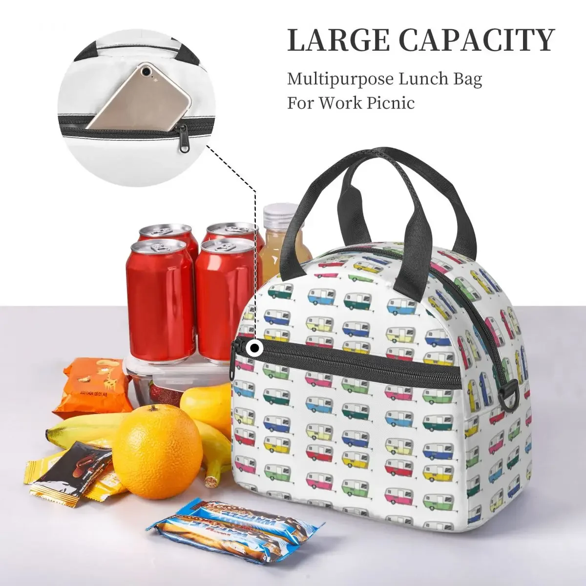 Colourful Vintage Eriba Puck Caravan Daisy Insulated Lunch Bag for Women Children Portable Food Boxes Thermal Lunch Box Tote
