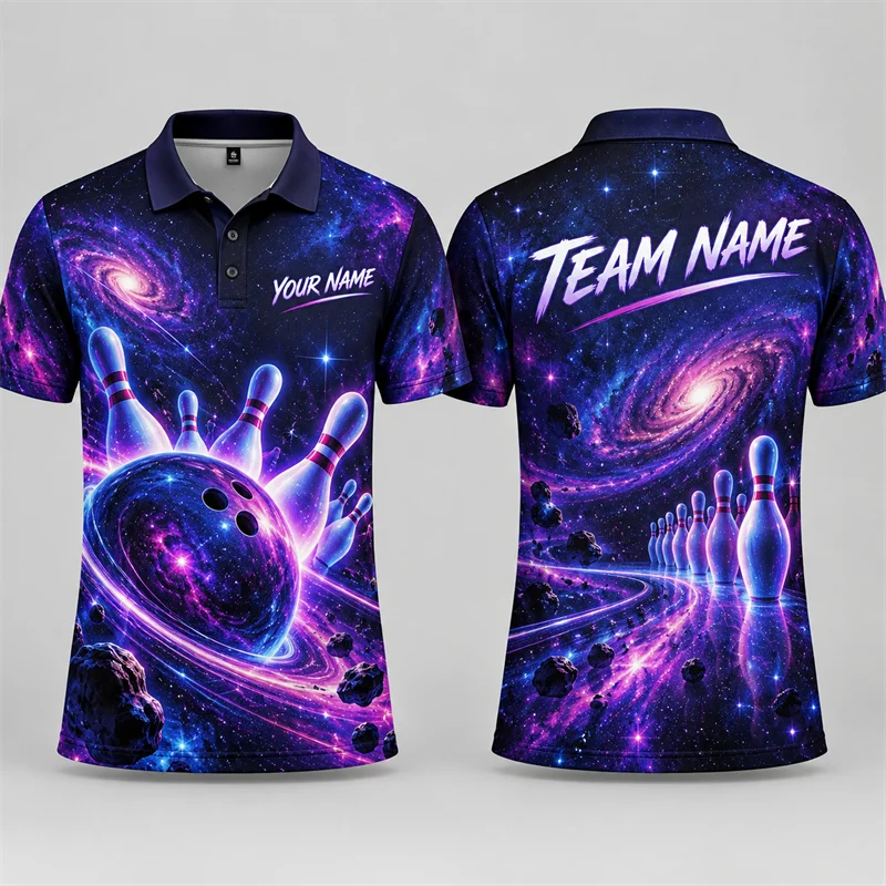 Personalized Bowling Polo Shirt Custom Name Team Name 3D Print Short Sleeve Jersey League Tournament Sports Team Uniform Top