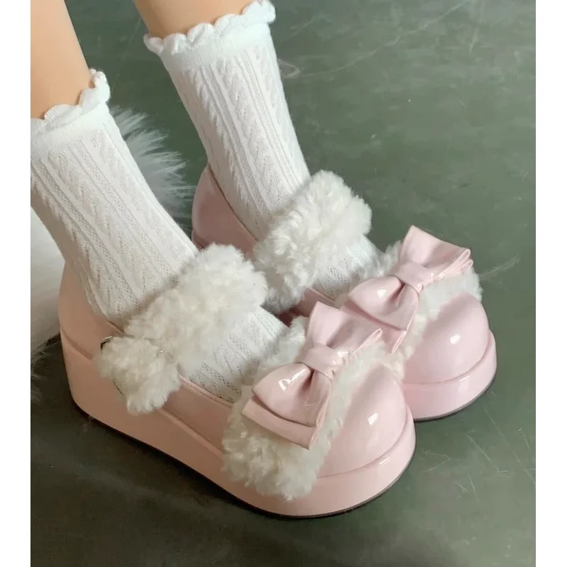 

Зимние милые, милые пушистые туфли-лодочки на толстой подошве, японские милые туфли Loli, туфли Kawailolita для чаепития