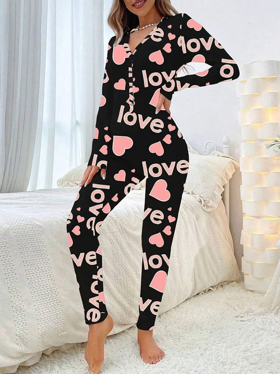 Macacão de fecho de botão manga comprida decote V feminino, bodysuit estampado coração, pijamas do dia dos namorados, loungewear