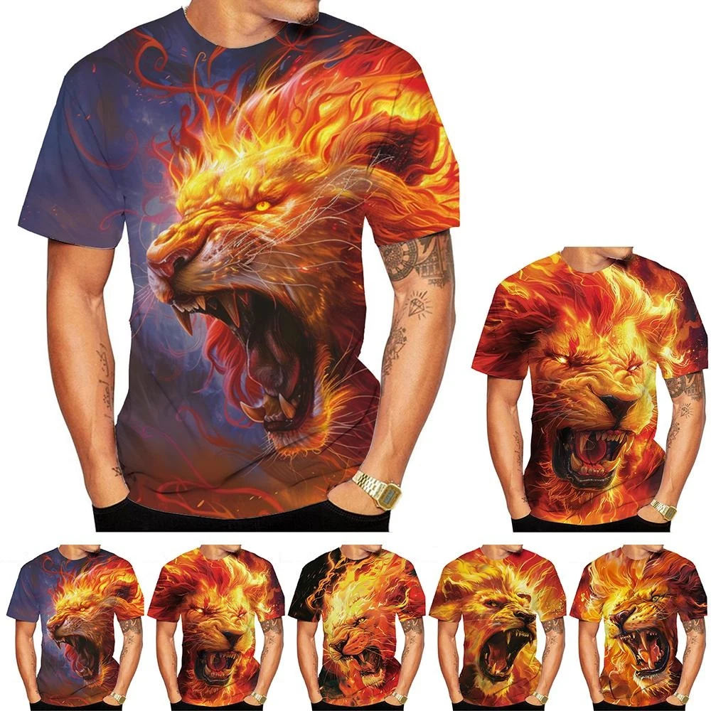 New Fashion Men's 3D Fire Lion Print T-Shirt, O-Neck Short Sleeve Casual Streetwear Animal Graphic Tee Tops