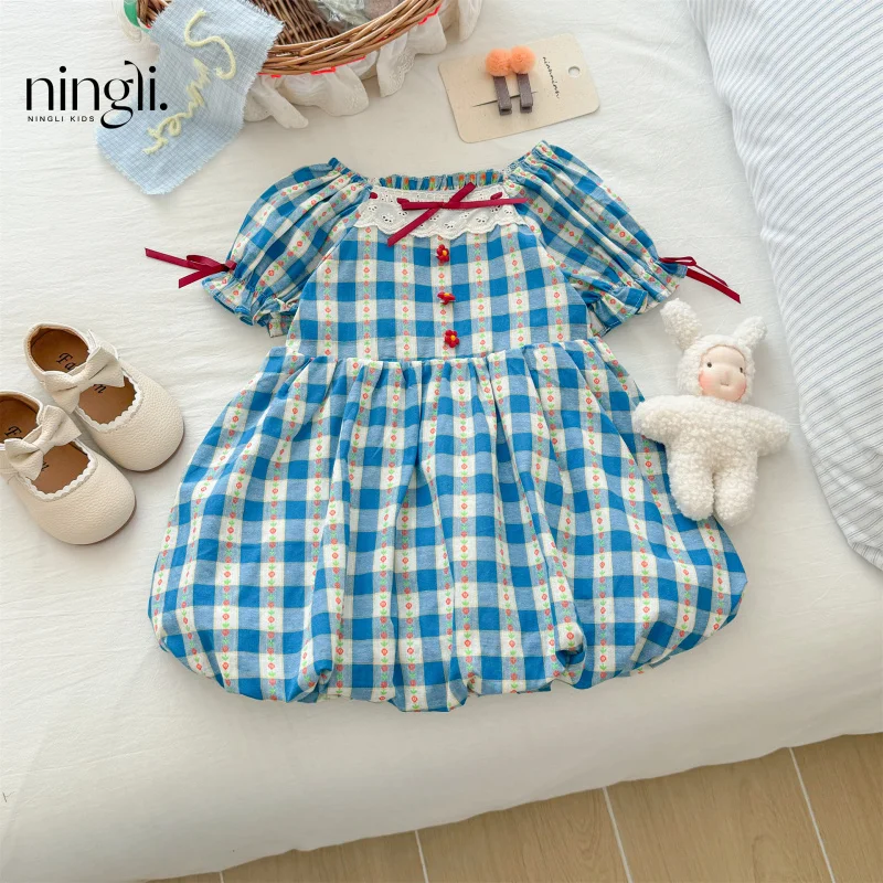 

Girls' Dress Blue Plaid Short Sleeve French Style Puff Dress Summer New Kindergarten Kids Puff Dress