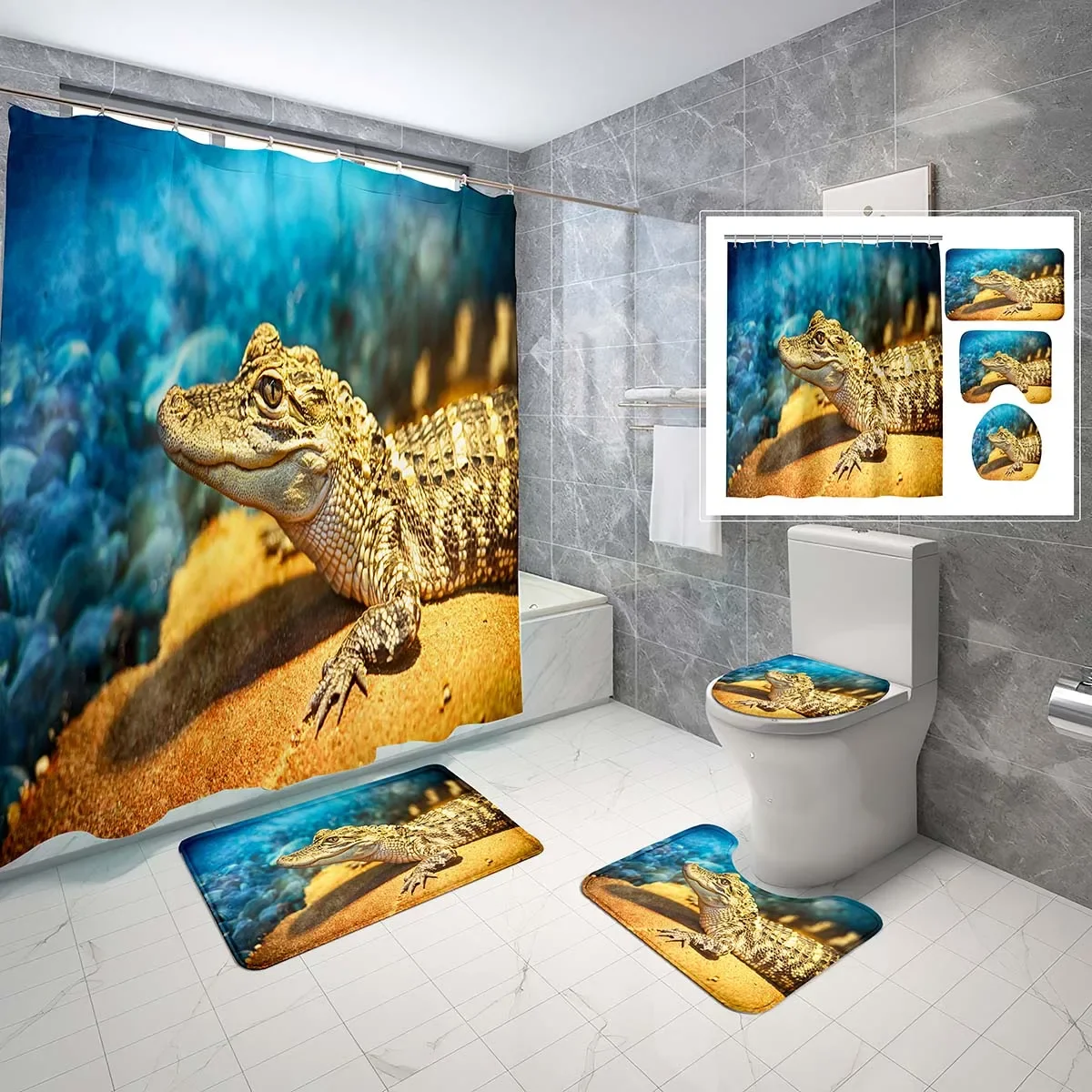 

4 PCS Crocodile Theme Shower Curtain Sets,Wild Animal Bathroom Waterproof Fabric Bath Curtain,Non-Slip Bath Mat Toilet Cover Set