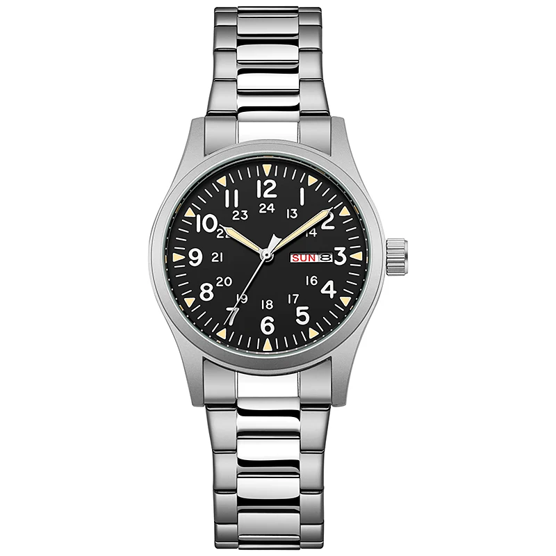 2026 Men's 38mm Luminous Dial Day Date Watch Glow in the Dark Green 30M Water Proof Field Watch with Stainless Steel Strap