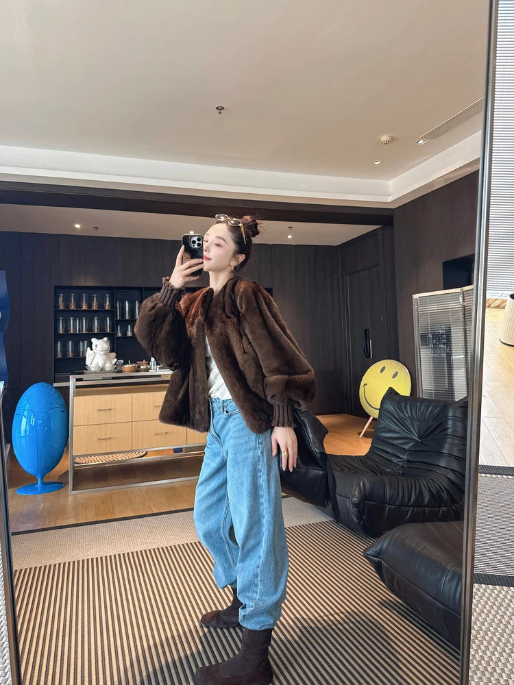 Lautaro Autumn Winter Brown Thick Warm Soft Faux Mink Fur Coat Women Lantern Sleeves Elegant Luxury Chic Fluffy Jacket 2026