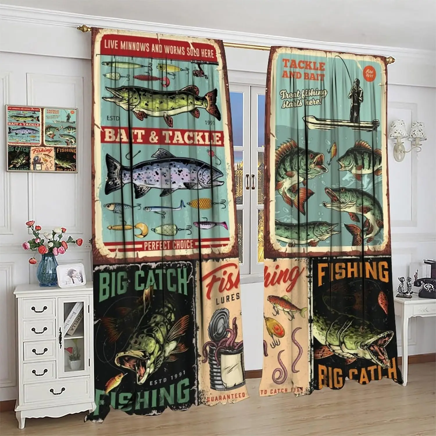 Fish Blackout Curtains Vintage Fish Stamp Pattern Fishing and Hunting Brown Green Fishing Window Drapes for Bedroom Living Room