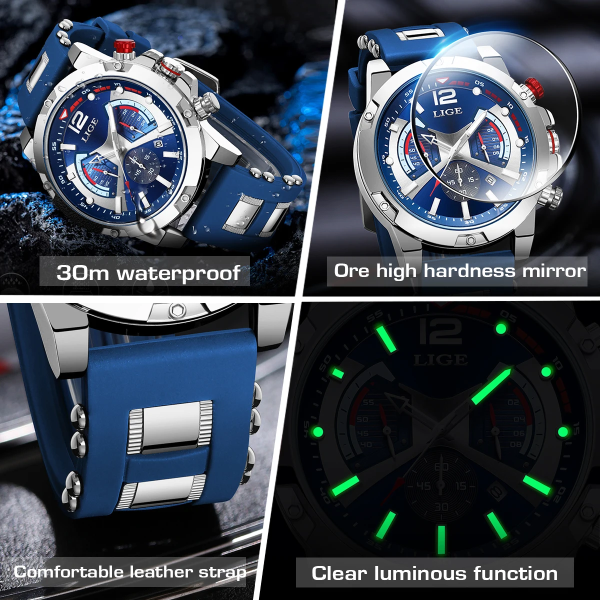 LIGE New Fashion Mens Watches Top Brand Luxury Waterproof Wristwatch Chronograph Silicone Sport Watch For Men Quartz Date Clock