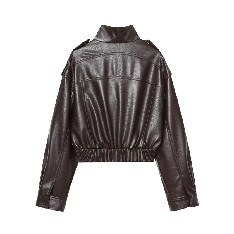 Keyanketian 2025 inverno nova jaqueta de couro falso feminino casaco casual estilo rua bolsos com aba gola solta zíper blazer