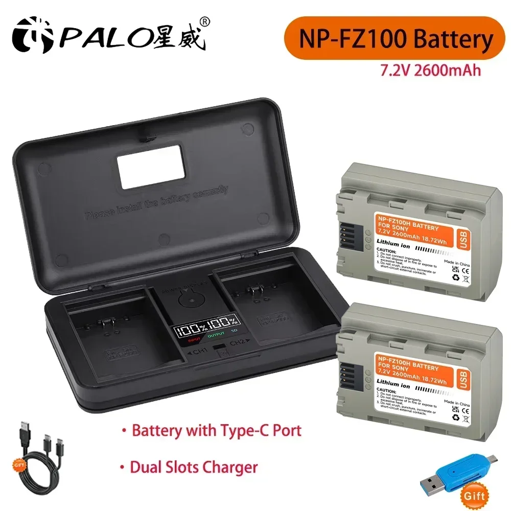 2600mAh NP FZ100 NP-FZ100 Tipo-C Bateria + LCD 2 Slots Carregador para Sony Alpha A9 A7R III A7 III BC-QZ1 A6600 A7R3 Bateria de câmera