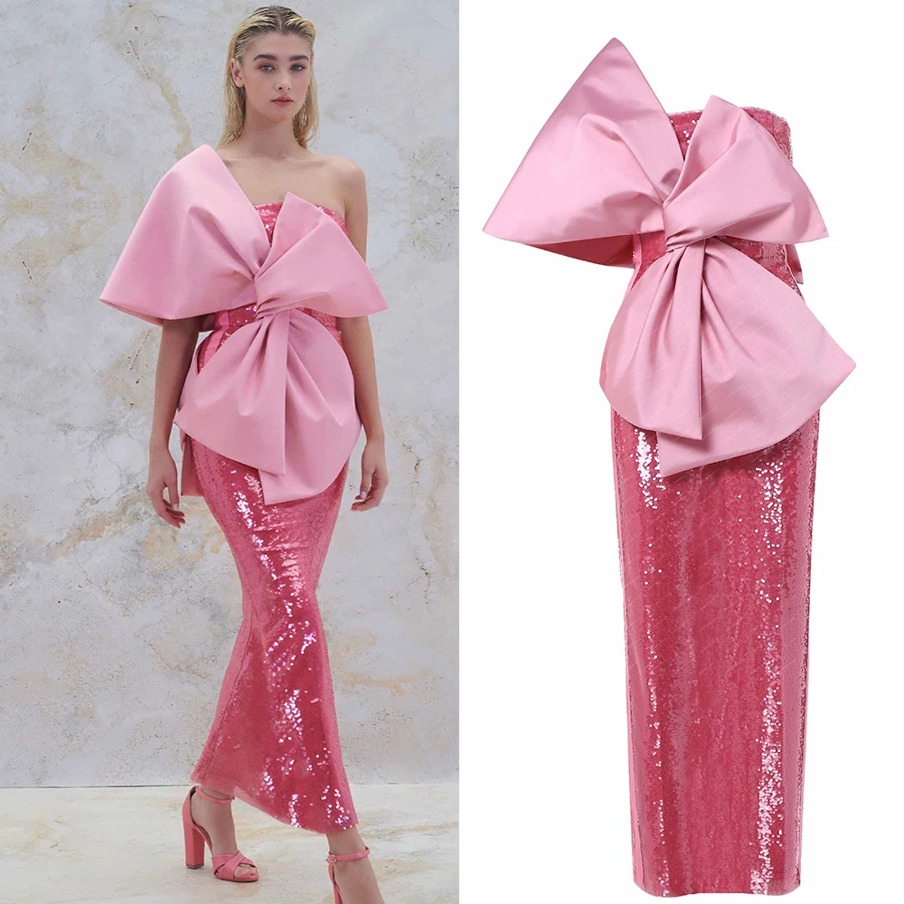 

Customized Pink Patchwork Ankle-Length Bow Sparkly Stylish Sheath Evening Party Dress Vestidos One Shoulder Robe De Soiree