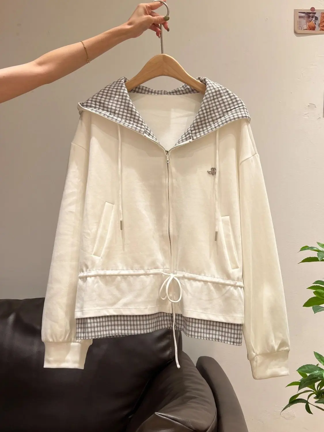 كارديجان نسائي فضفاض بأكمام طويلة ونقشة مربعات مع غطاء للرأس ورباط خيطي، أزياء كورية عصرية للخريف