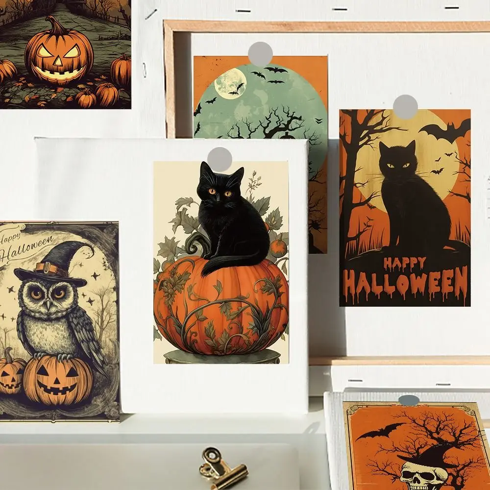 10pcs/set Black Cat Pumpkin Themed Halloween Message Cards Castle Broom Festival Black Cat Wall Stickers Paper Cartoon