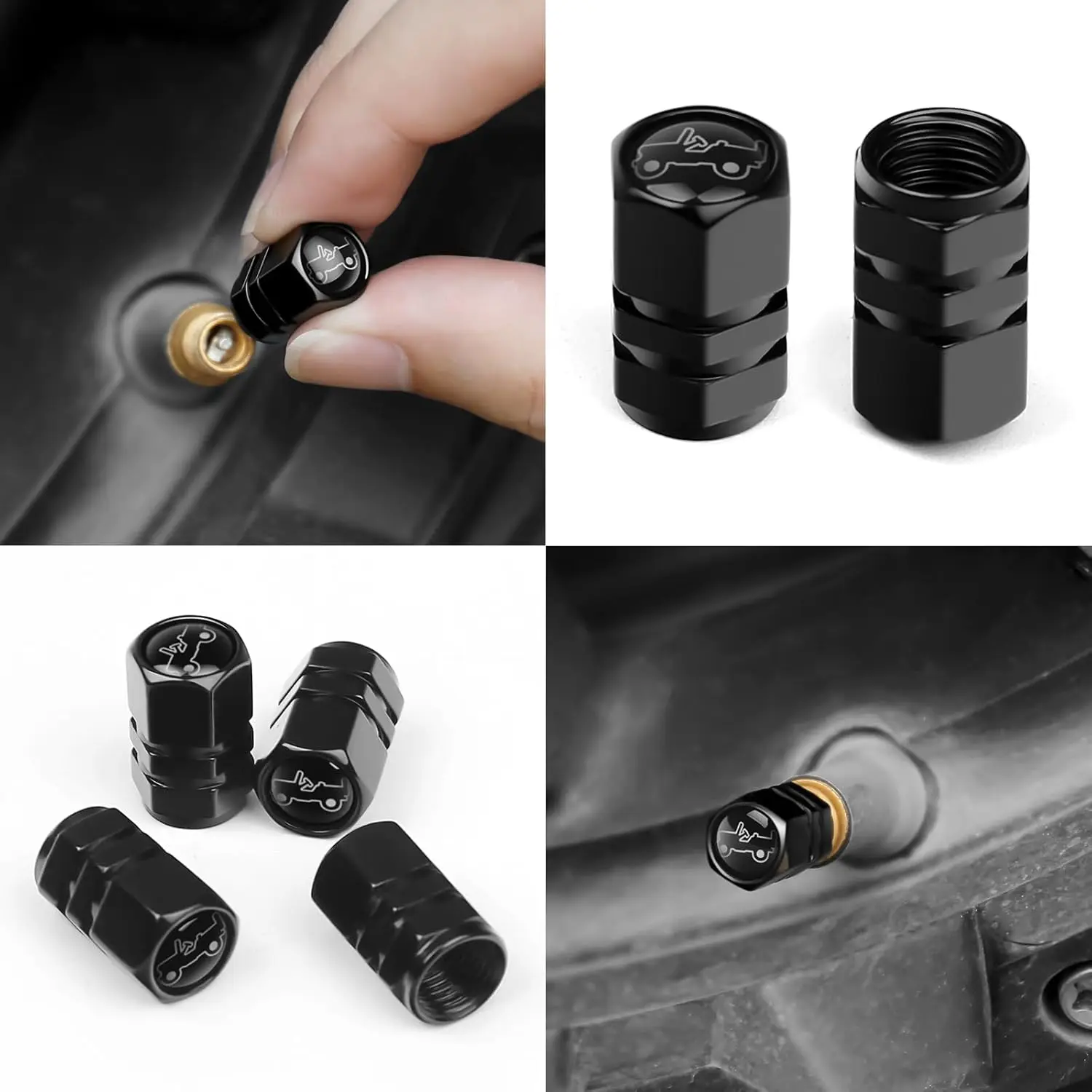 

Aluminum alloy tire valve stem cap is suitable for Jeep Wrangler accessories. Dust-proof, water-resistant, 4-piece set, suitable
