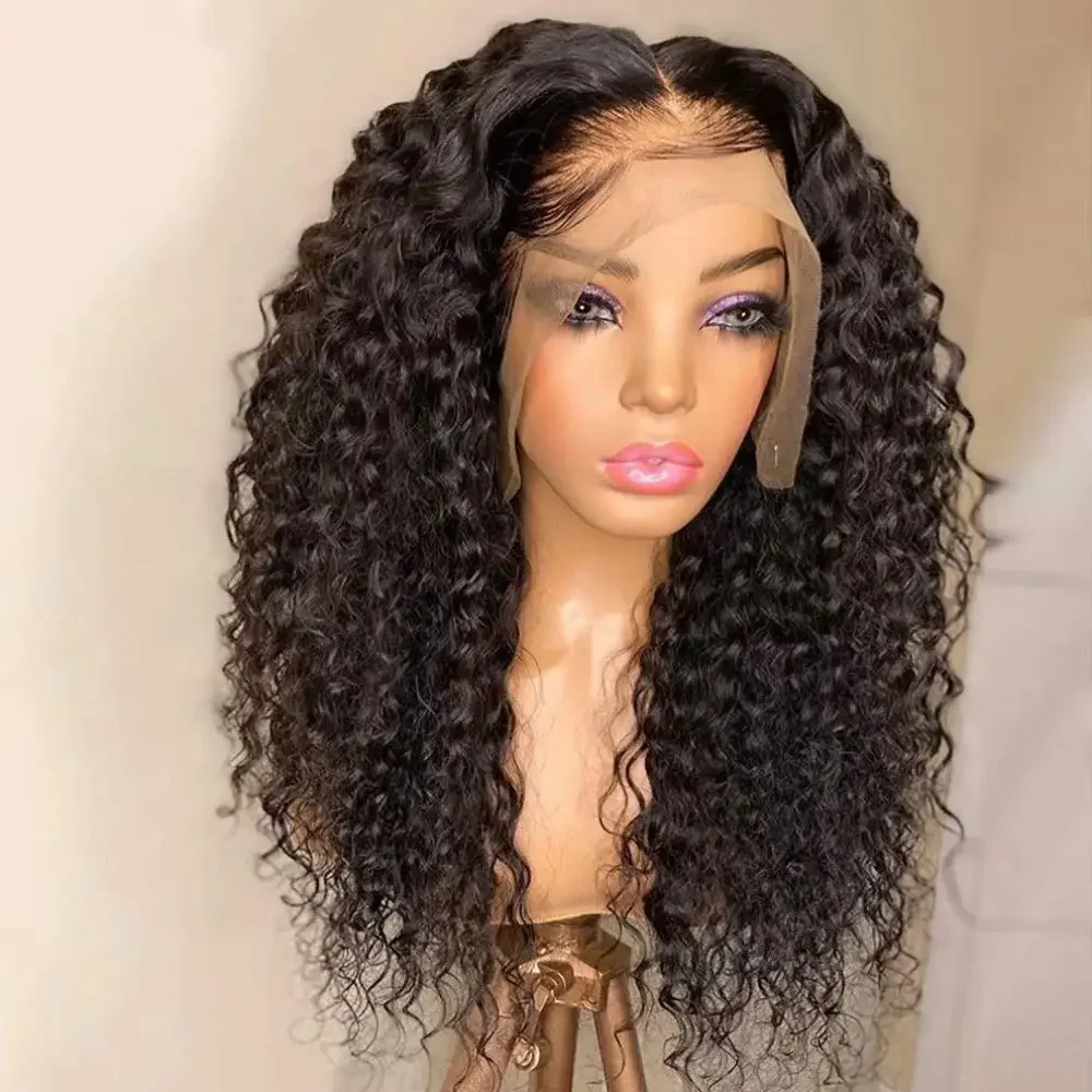 Natural Black Glueless 180Density 26inch Long Kinky Curly Deep Lace Front Wig For Women With Baby Hair Preplucked Daily