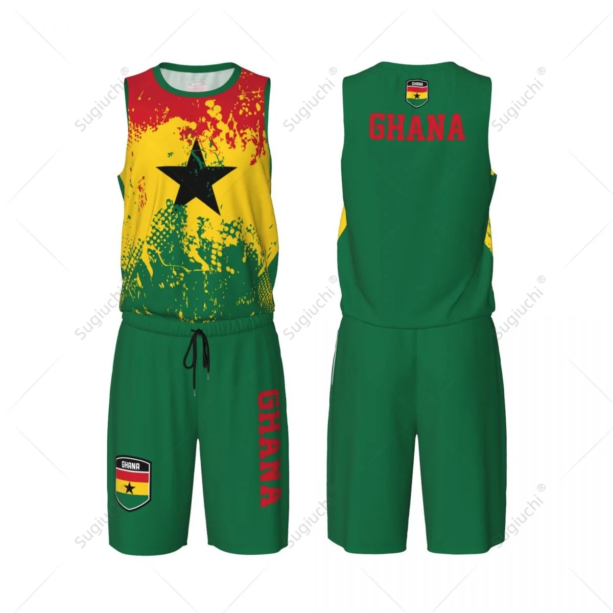 Team-Up Ghana Flag Graan Heren Basketbal Jersey Set Shirt & Broek Mouwloze Aangepaste Naam Nunber Exclusief