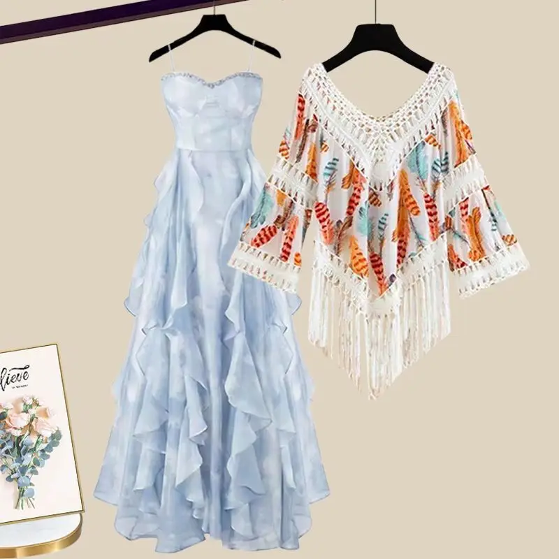 2025 ฤดูร้อนโบฮีเมียนพิมพ์ผ้าคลุมไหล่สลิงชุดชีฟอง 2 ชิ้นชุดผู้หญิงหลวม V คอเสื้อ Camisole ชุดชุด